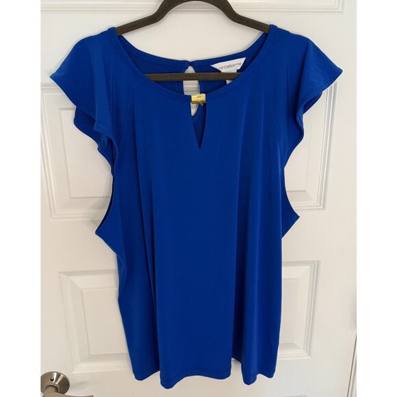 Liz Claiborne Royal Blue Flutter Sleeve Blouse Women’s XL Keyhole Gold Bar - Picture 1 of 6